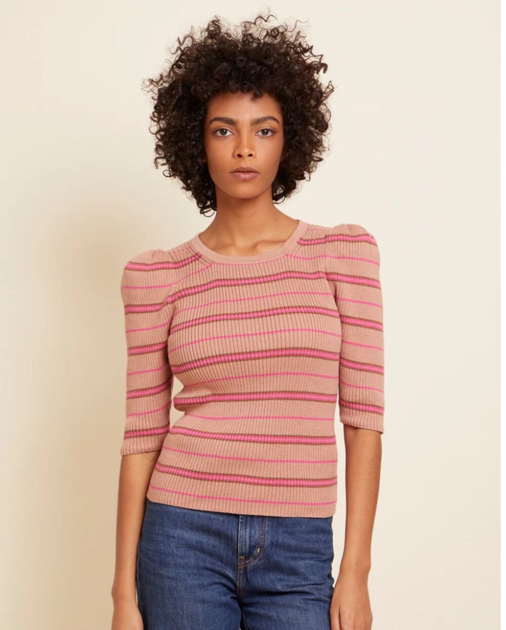 NATION LTD Sarah Slim Crew Neck puff sleeve Top XS Bisou Stripe Quiet luxury